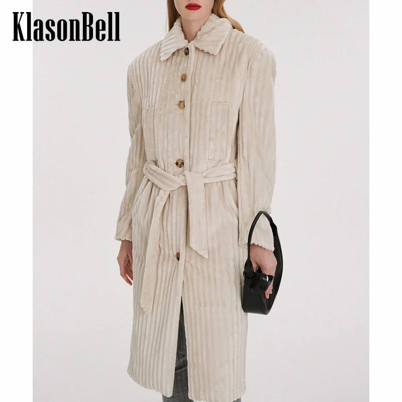 

11.12 KlasonBell With Belt Soft Loose Corduroy Long Blend Coat Women