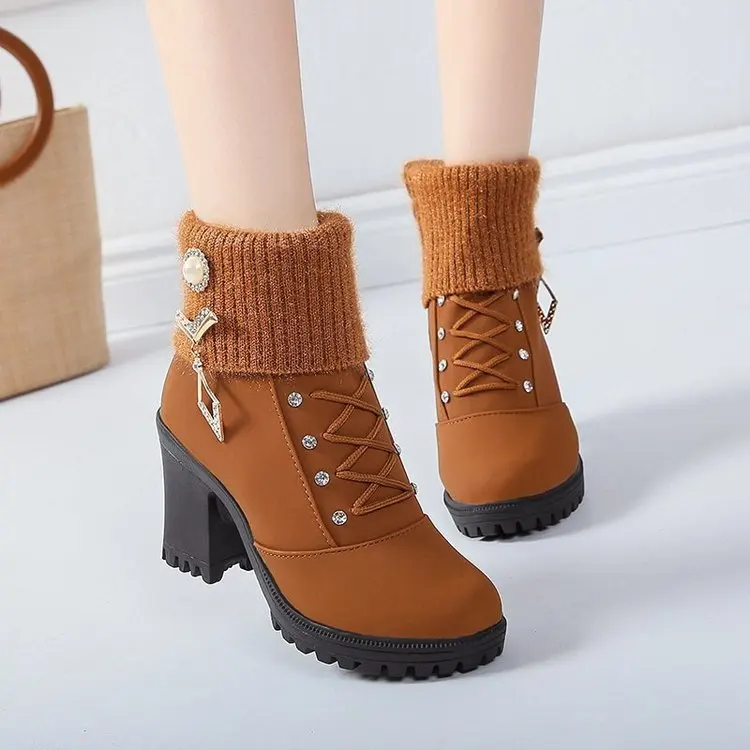 

New Women Boots Winter Outdoor Keep Warm Fur Boots Waterproof Women's Snow Boots Thick Heel with Round Head Short Boot