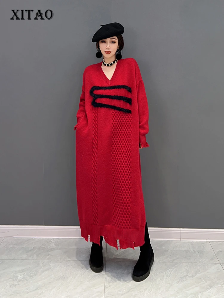 XITAO Casual Knitting Dress Loose Contrast Color Splicing Fashion Women Sweater Dress 2022 Winter New Sweater Dress FBB1182