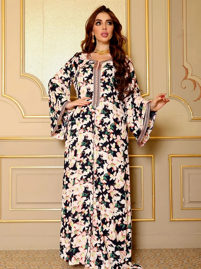 Ramadan Floral Print Abaya Kaftan Women Elegant Muslim African Long Dress Moroccan Islam Dubai Caftan Gulf Jalabiya Modesty Robe