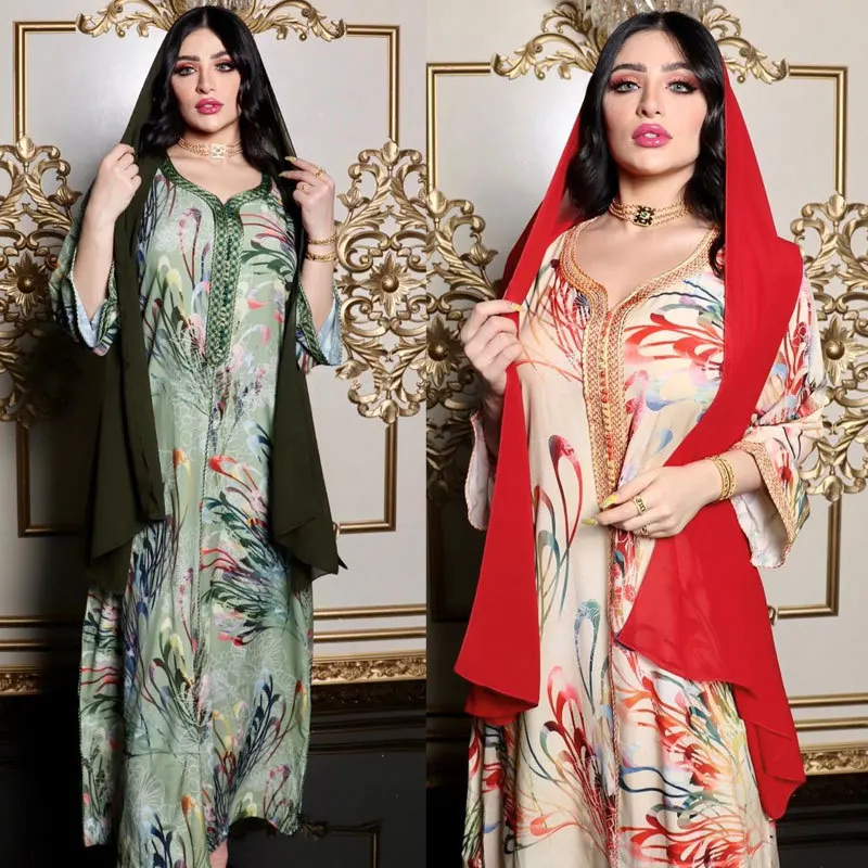 New Floral Print Muslim Dress Women Dubai Arab Abaya Dubai Arabic Turkey Morocco Kaftan Islamic Clothing India Gown Robe 2023