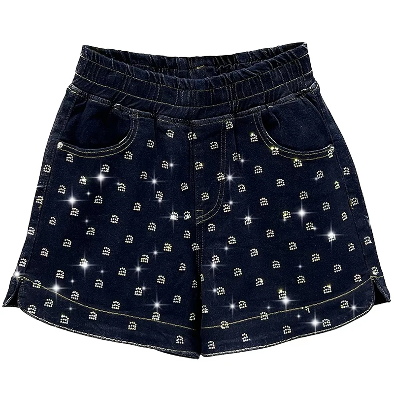 Embedding Rhinestone High Waist Denim Shorts 2023 Summer Elastic Waist Loose Wide Leg Short Pants Booty Shorts Women Jeans