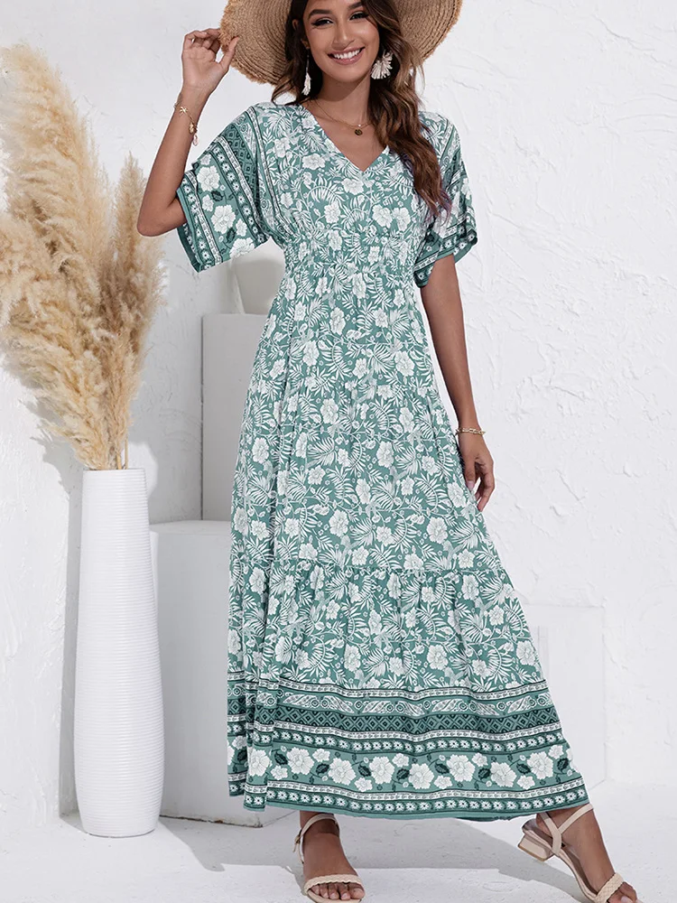 

Женское богемное платье макси, повседневное зеленое пляжное платье с цветочным принтом, платье с высокой талией для гостей свадьбы на лето