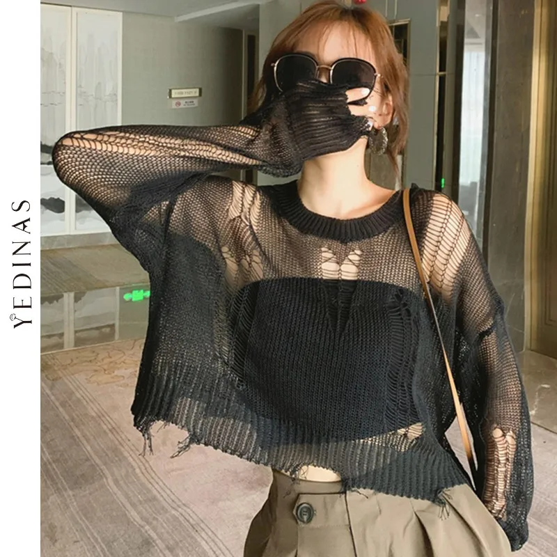 Black Gothic Thin Women Pullover Loose Sweater 2022 Lady Hollow Out Hole Broken Streetwear Stretch Split Knit Short Top