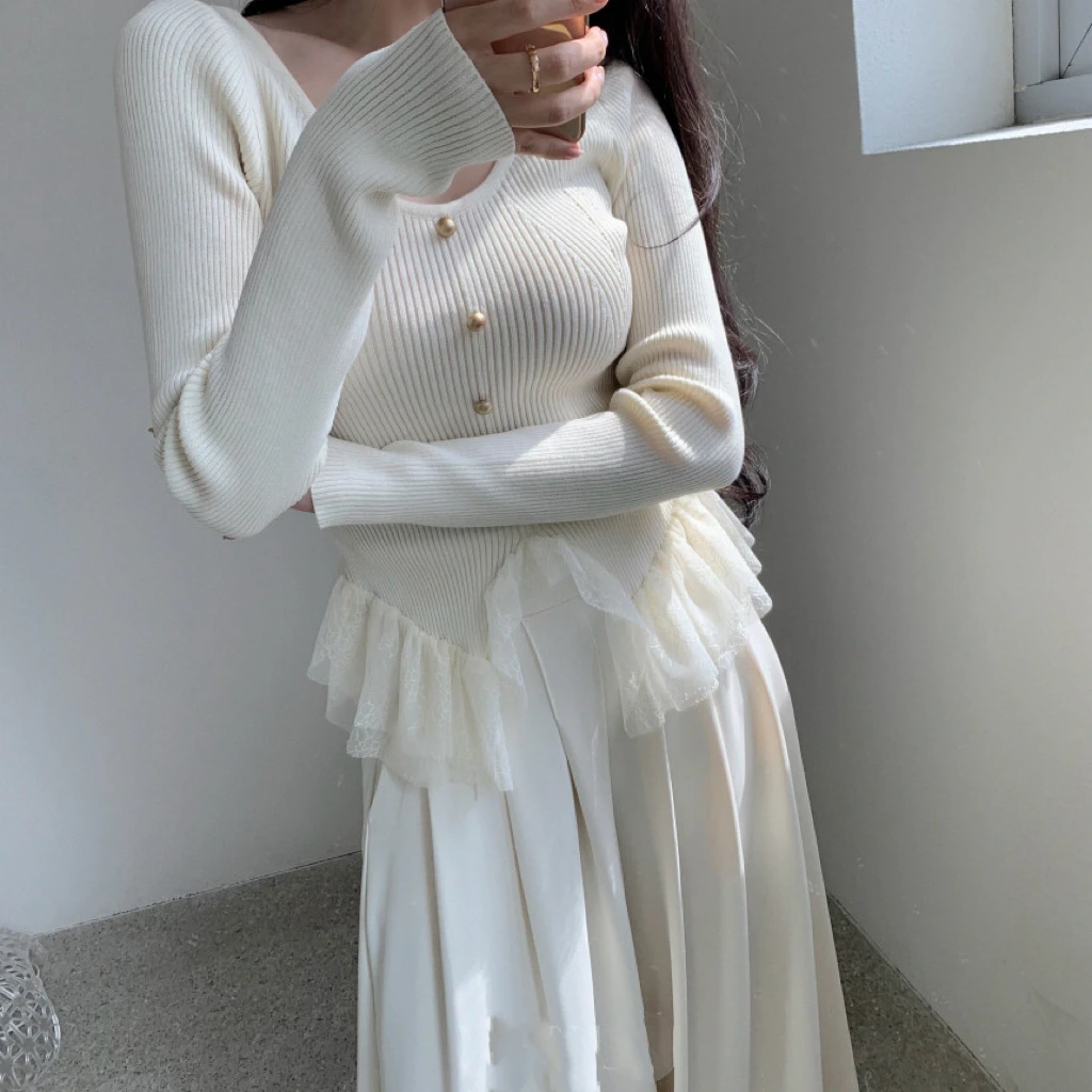 Южная Корея Ins Вязаный свитер с нерегулярной кружевной строчкой |