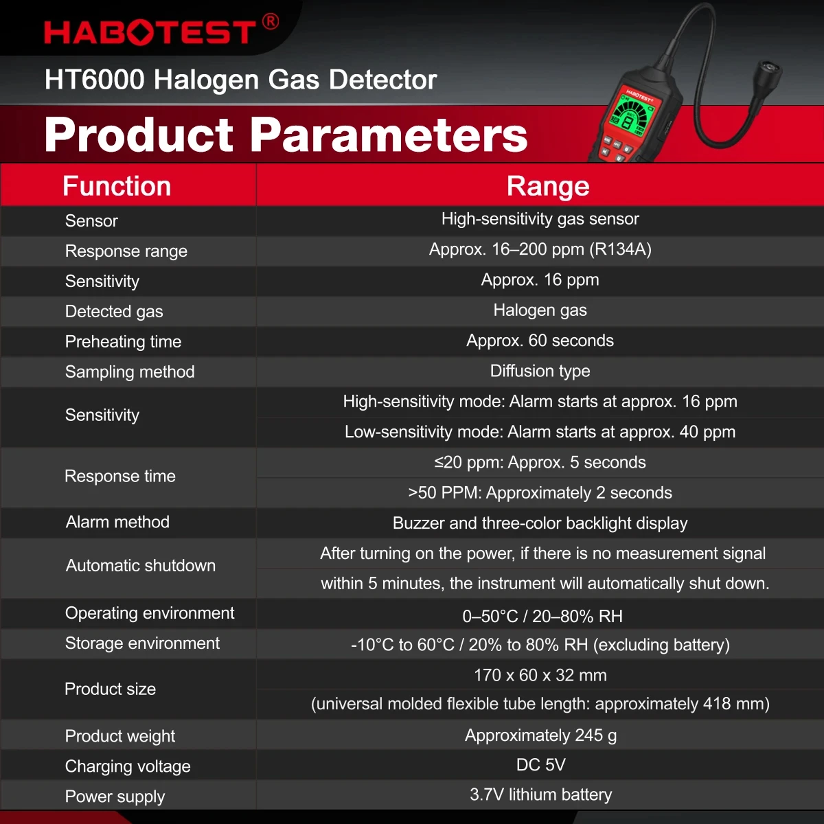 Фото Детектор утечки галогенных газов HABOTEST HT6000 с звуковой и визуальной сигнализацией, высокочувствительный датчик газа, определение местоположения утечки №2
