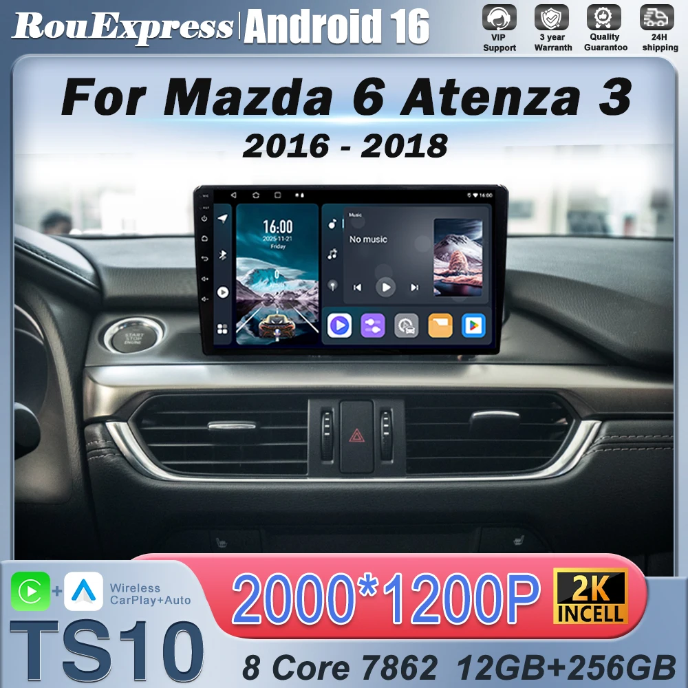 Фото Автомагнитола Android 16 с Wi-Fi и 4G для Mazda 6 Atenza 3 2016-2018, GPS-навигация, беспроводной Carplay, мультимедийный видеоплеер №1