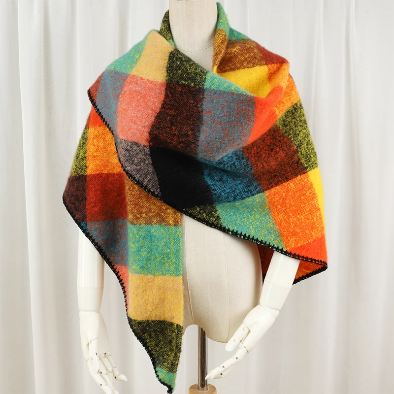 

Женский кашемировый треугольный шарф в клетку, зимняя теплая шаль и накидка, бандана из пашмины, длинные женские толстые шарфы
