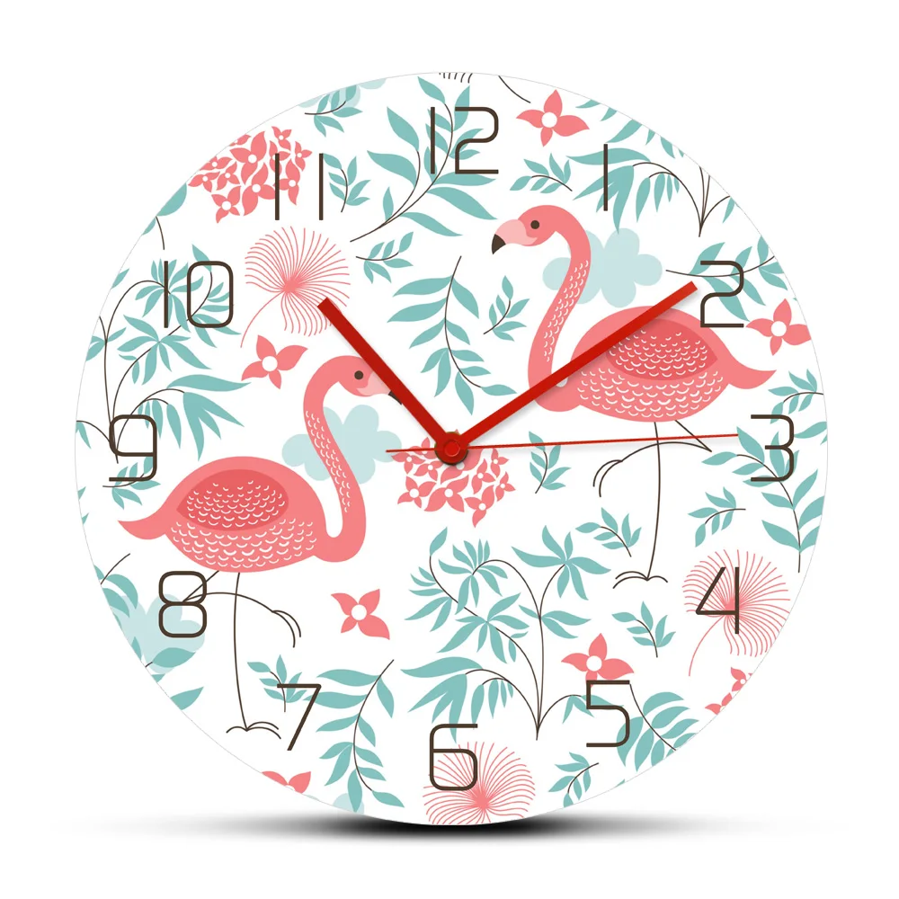 

Pink Flamingo Birds Modern Design Wall Clock For Nursery Girl Room Tropical Home Decor Summer Vibes Art Silent Non Ticking Clock