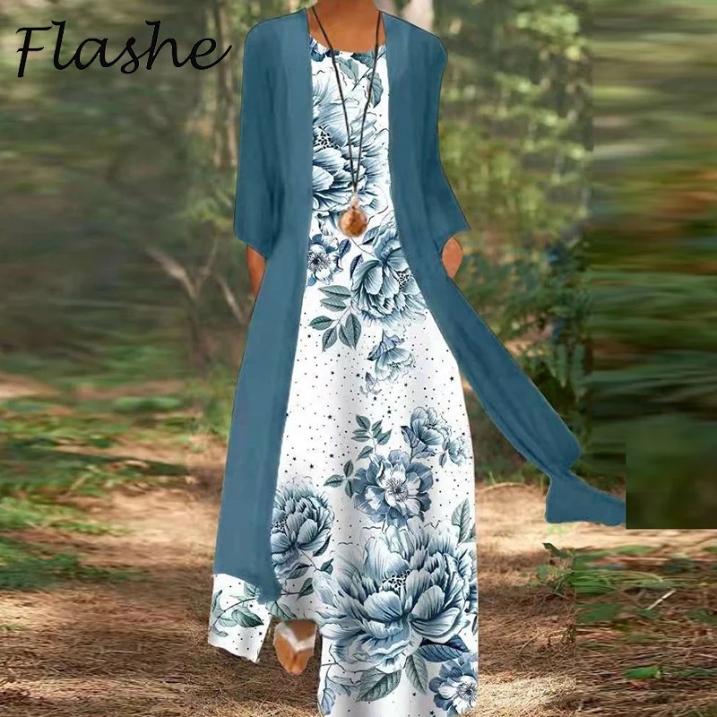 

Boho Long Dress for Women Fashion Summer Print Dresses Long Cardigan Two Piece Set Beach Dress Elegant Maxi Dress Outfits
