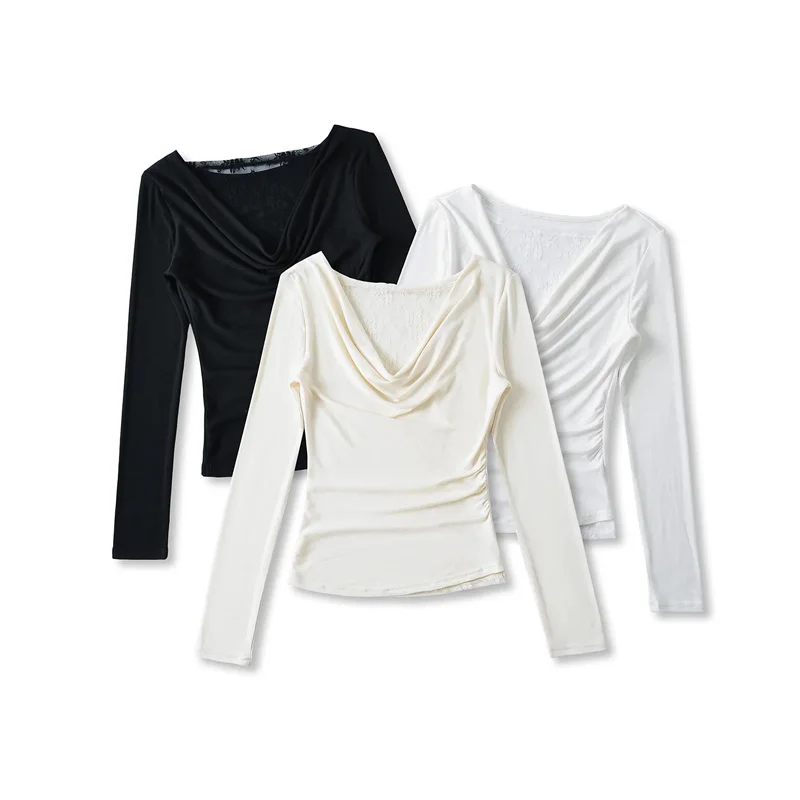 Женский топ с длинными рукавами и драпировкой на плечах кружевной деталью