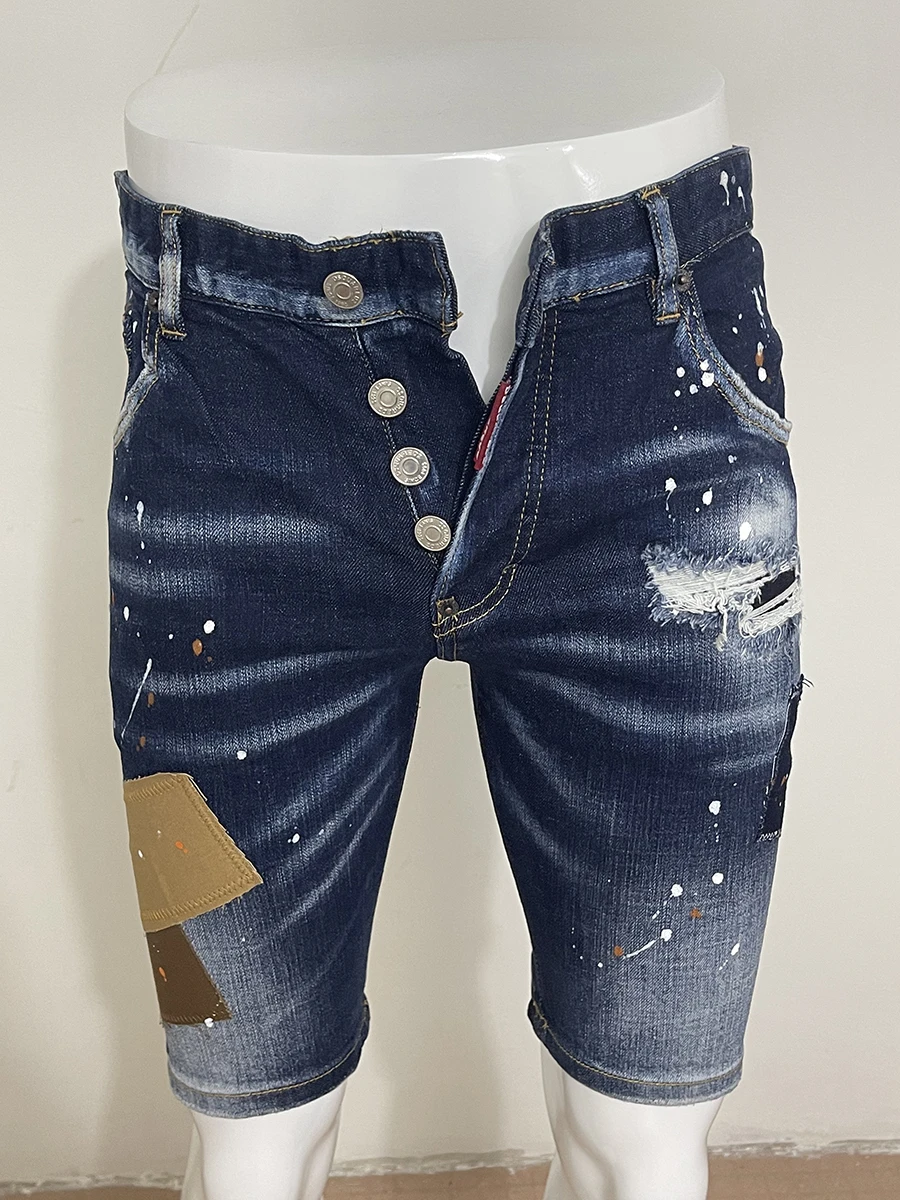 Summer 2023 new denim shorts men's D2 jeans micro-spring wash light blue hole patch collision color casual
