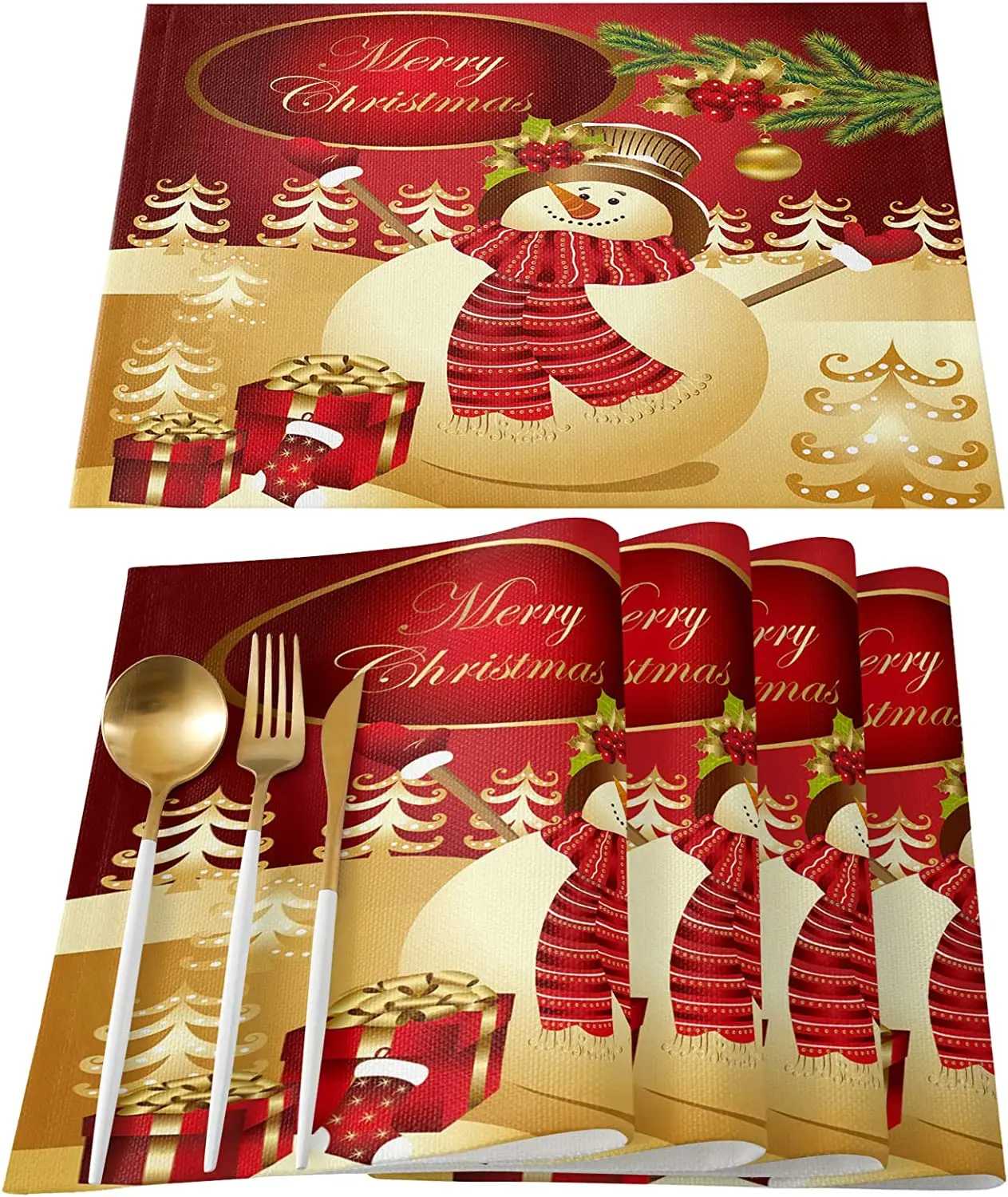 

Christmas Placemats Set of 4 Winter Snowman Cotton Linen Place Mats Xmas Tree Present Boxes Gold Ball Heat Resistant Washable