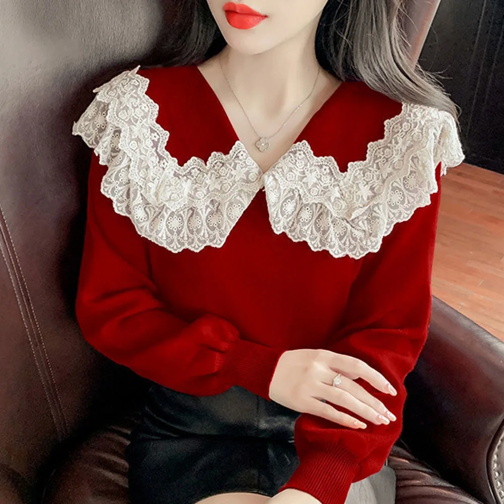 

2022 New Sweater Female Korean Version Loose Autumn Winter Outer Wear Lace Doll Collar Knit Pullover Top Knitwear