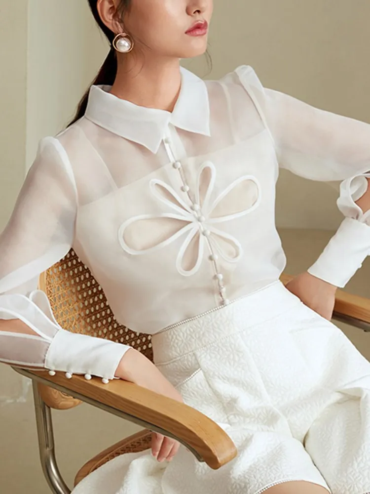 Женская однотонная однобортная блузка с длинным рукавом и отложным воротником