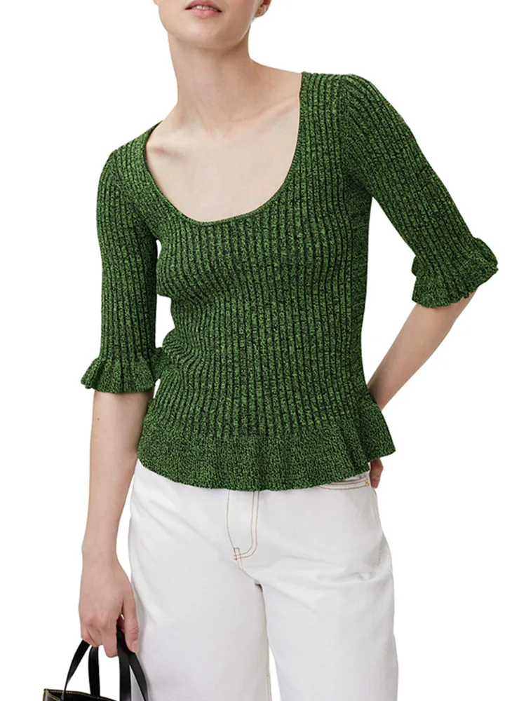 

2023 Early Autumn New Women U-Neck Fashion Contrast Color Straight All-Match Fashion Fresh Green Knitwear Sweater