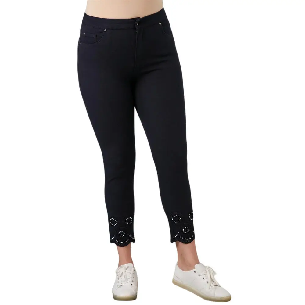 Fierte Women Plus Size Pants Rg1519 Canvas High Waist Tight Trotting Diamond Detail Sports Pocket Spring Summer Casual