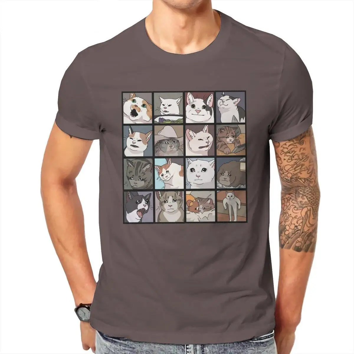 Meme Cats  T Shirt for Men Cotton Funny T-Shirts Round Collar Cute Genki Cartoon Tee Shirt Short Sleeve Clothes Summer