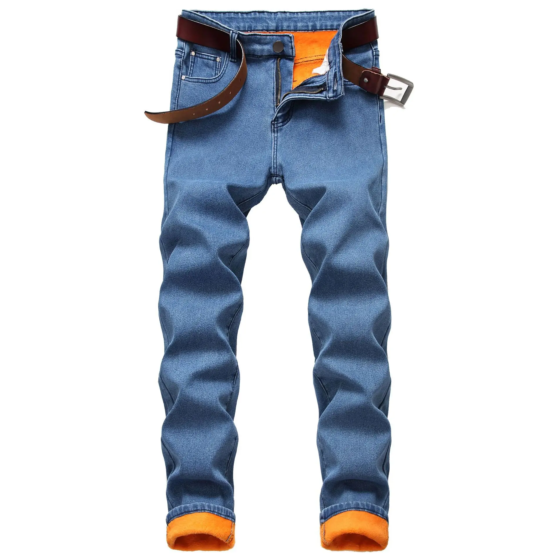 Autumn Winter Heavyweight Fleece Men Jeans Fasion Casual Style Pure Color Keep Warm Male Denim Pants Business Men Trousers Blue