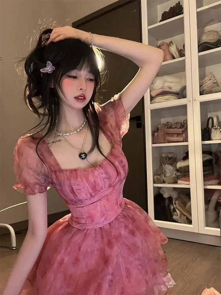 

BiggOrange Floral Puff Sleeve Dress Women 2022 Summer Dream Show White Waist Show Thin Short Skirt Puff Skirt Y2k Dress