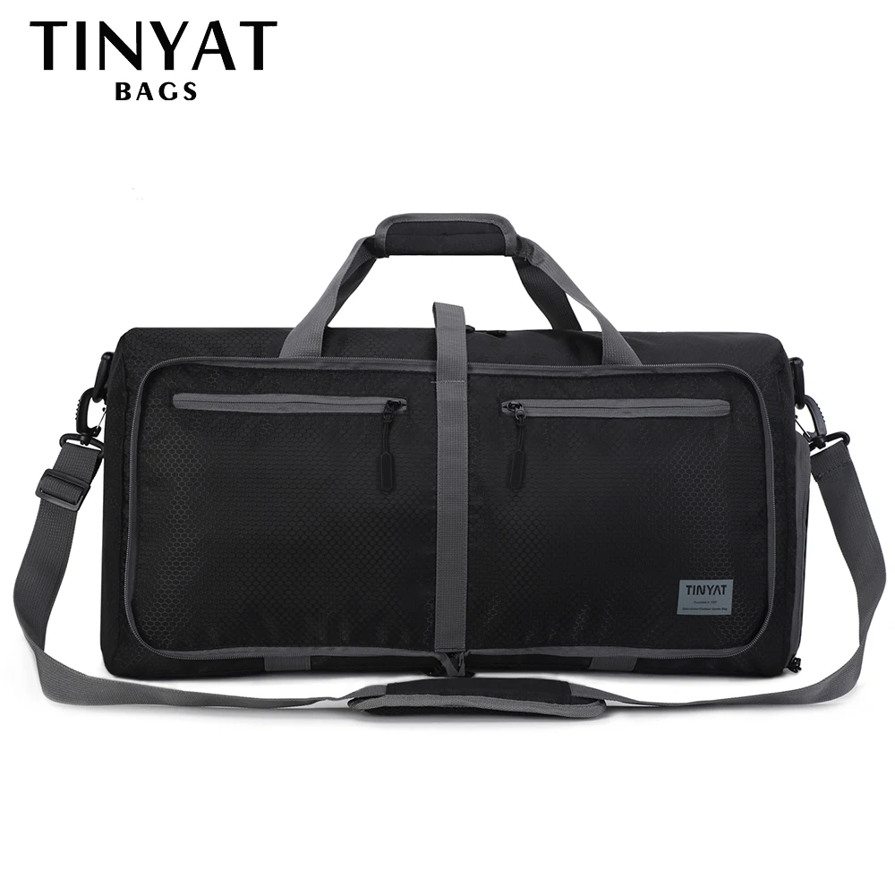 TINYAT 40L Men Foldable Travel Bag Protable Molle Women's Handbags Waterproof Nylon Casual Gym Bag Men Large Black Luggage Bag