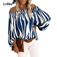 one word collar long sleeve elegant sexy top tee shirt striped off shoulder womens clothing summer evening party sexy pullover