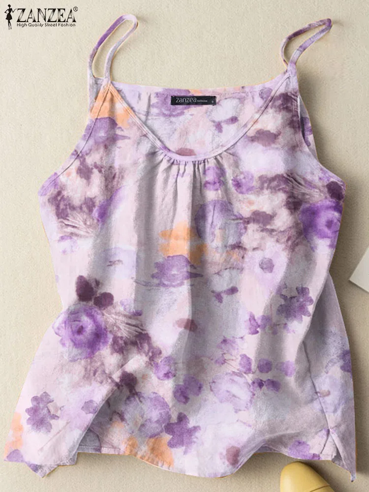 

ZANZEA Bohemian Tanks Tops Women Summer Spaghetti Strap Blouse Casual Floral Printed Holiday Camis Casual Beach Shirt Tunic 2023
