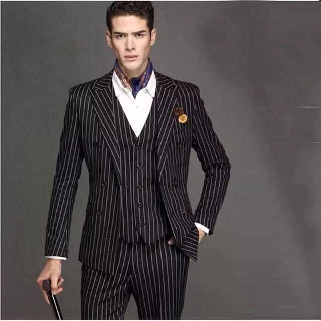 

Pinstripe Black Men Suit Tailor-Made 3 Pieces Blazer Vest Pants Single Breasted Peaked Lapel Wedding Groom Causal Prom Tailored