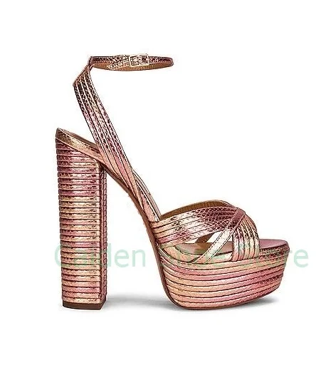 

Summer Women Pink Silver Gold Block High Heel Sandals Buckle Platform Slingback Sandals Ladies Dress Metallic Peep Toe Shoes