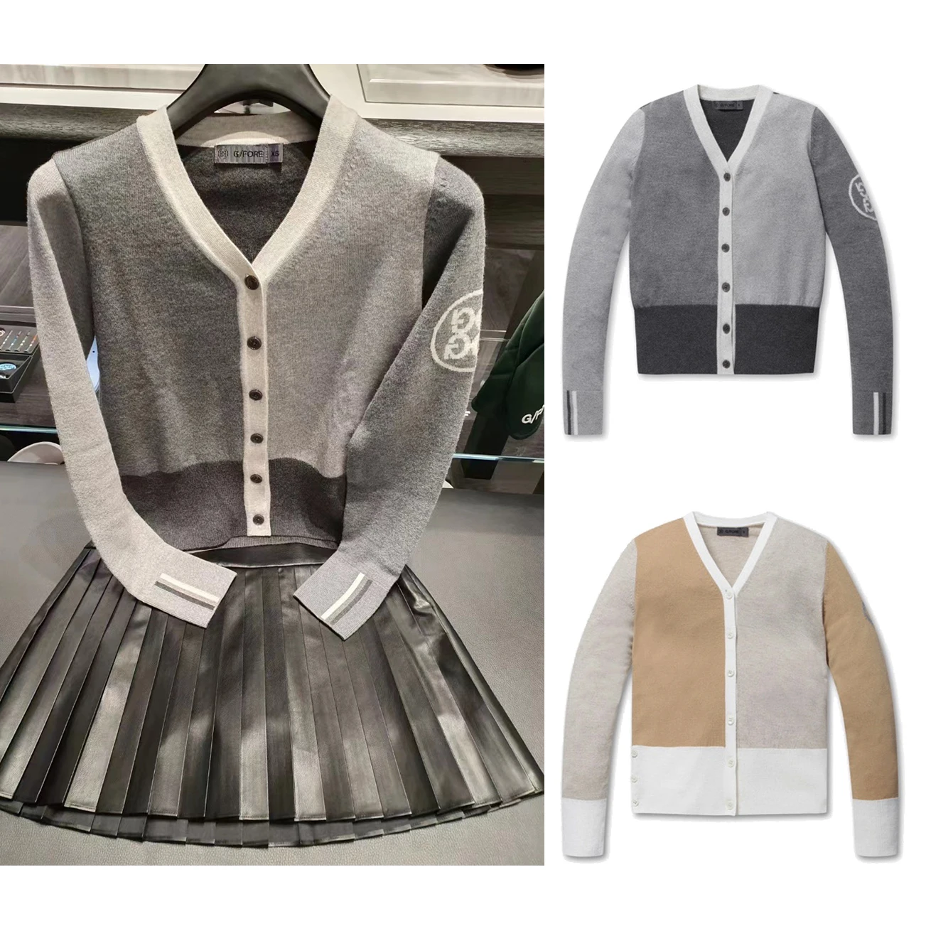 

Golf Women's Fashion Knitted Cardigan Dark and Light Contrast Color Button Cardigan Outdoor Sports Long Sleeves Sweater