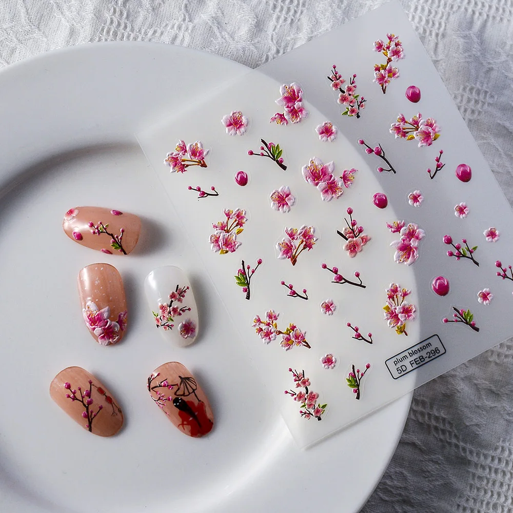FEB-296 Red Plum Blossom Flower 5D Nail Stickers Press On Nail Supplies Sticker Ongles Fake Nail