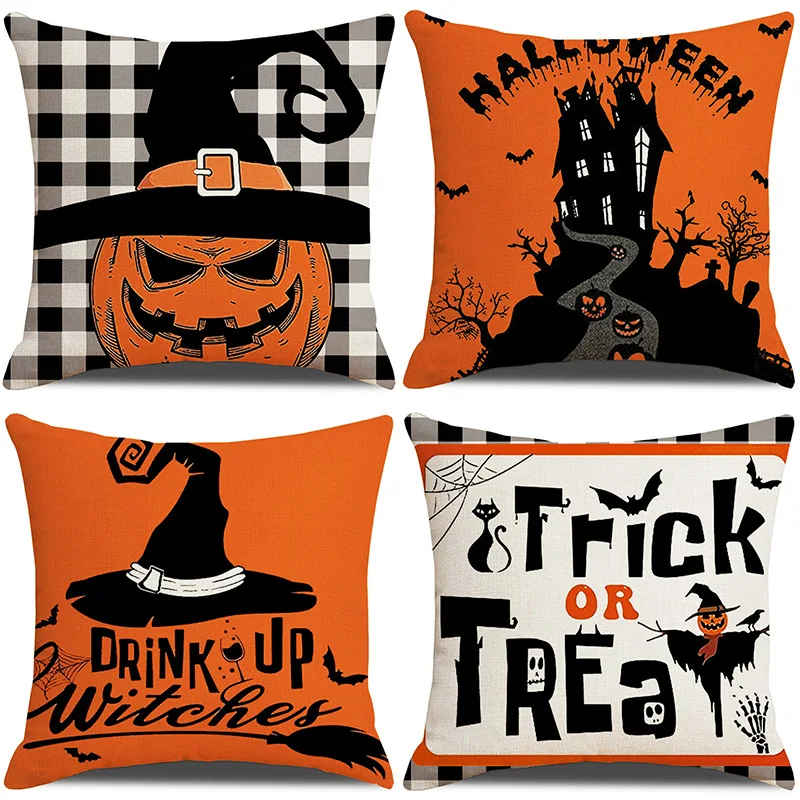 

Halloween Pillow Case Orange and Black Pillow Cover Halloween Decorations Horror Castle Spider Web Printed Cushion Cover 45x45cm