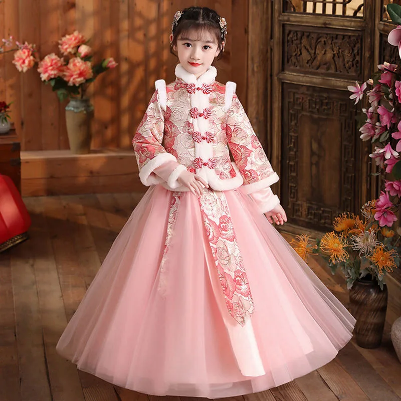 

Girls' Han Costume Winter Children's Ancient Tang Costume Thickened New Year's Dress Nubao Two Piece New Year Celebration Clothe