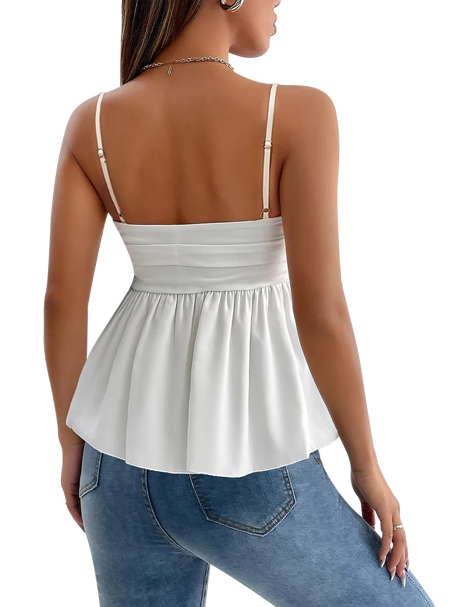 

Elegant Solid Color Backless Camisole with Pleated Detailing and Spaghetti Straps - Perfect for Summer Parties and Clubbing