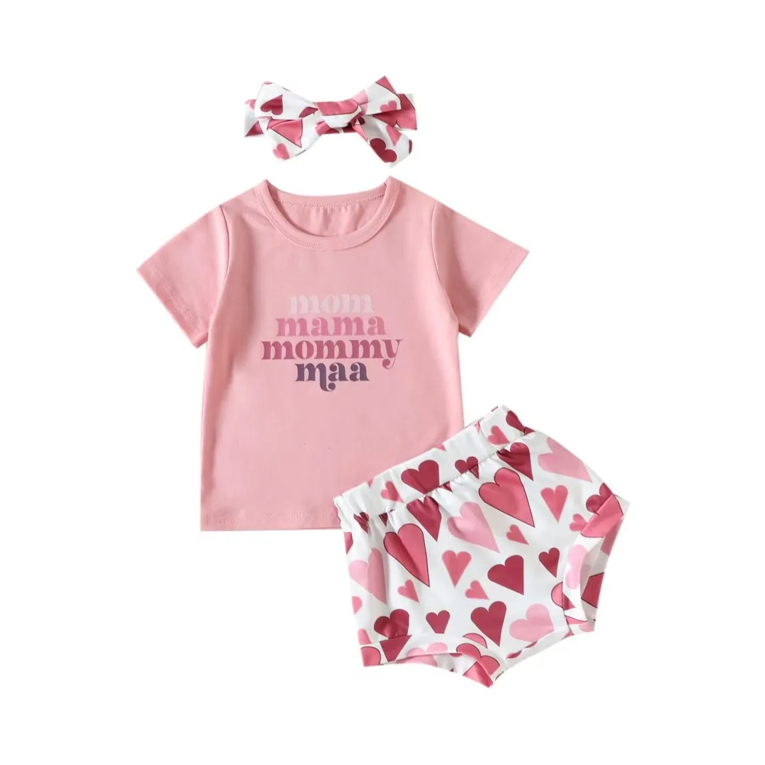 

Mother's Day Mom Loves Me Series Summer Baby Girl Girls Children's Wear Pink Top Love Print Triangle Shorts Set