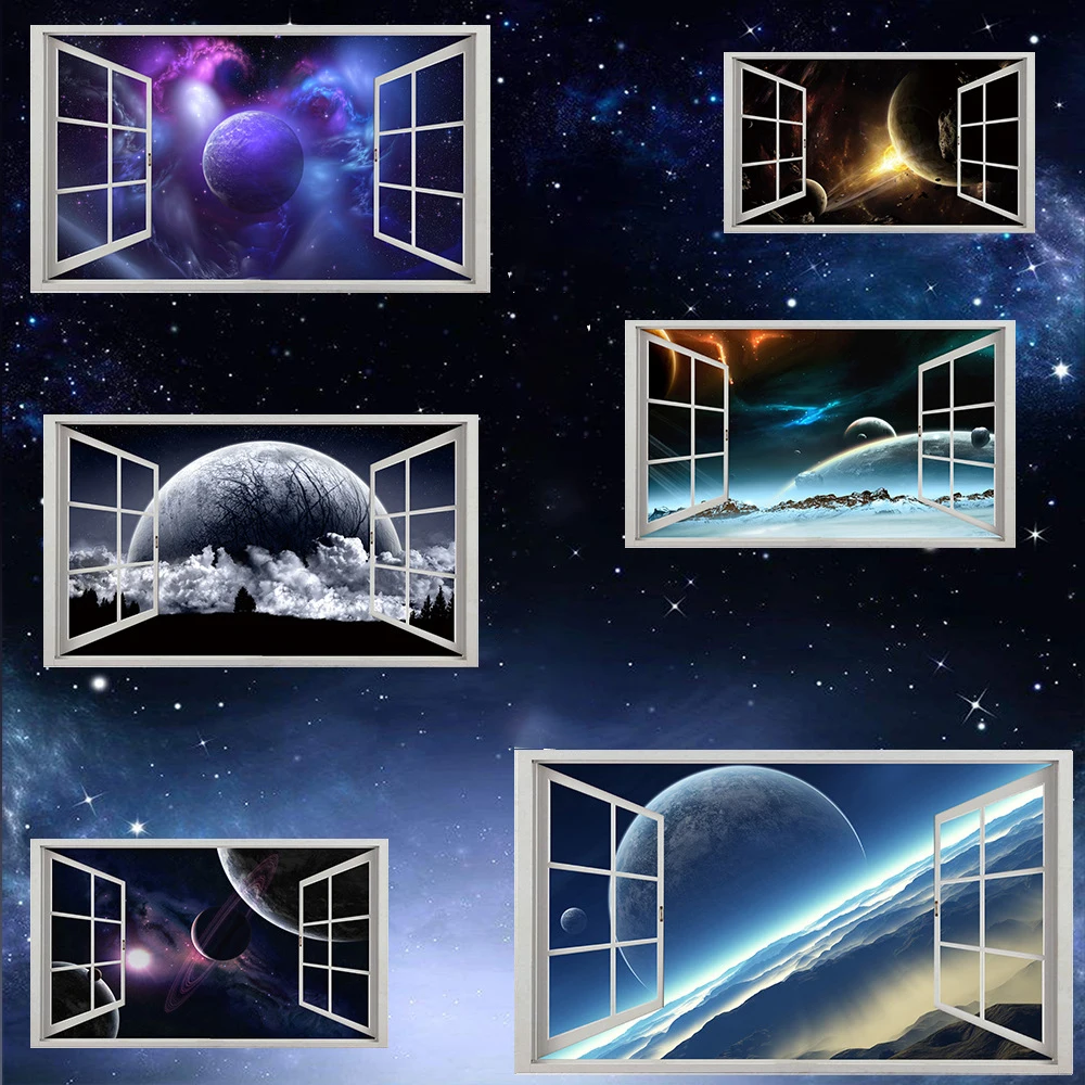 

Interstellar Space Planet 3D Wall Sticker Break out the Window for Bedroom Kids Room Living Room Peel and Stick Wallpaper Poster