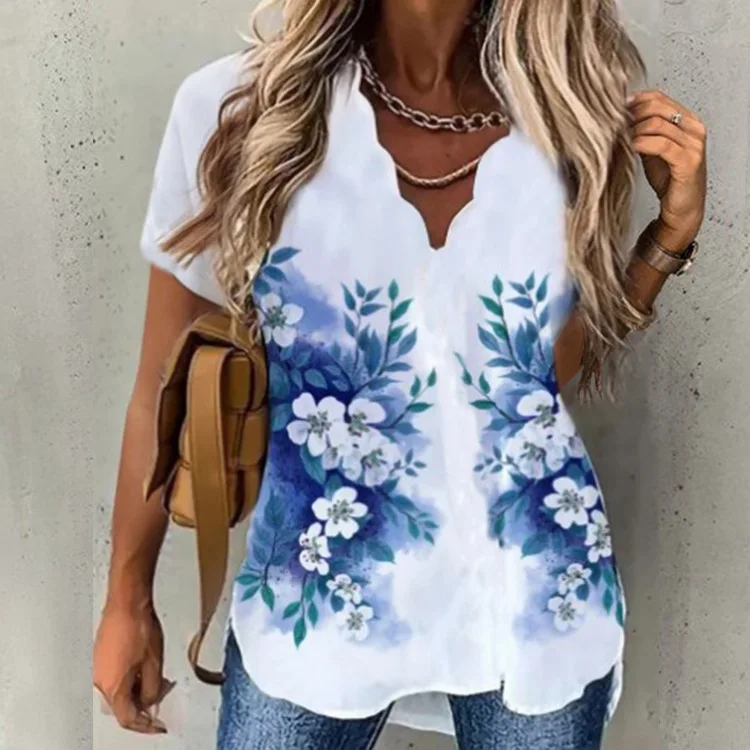 

Summer Women's Tops Fashion New Ladies Short-sleeved Casual Shirt Loose Printed Wave Collar Printed T-shirt