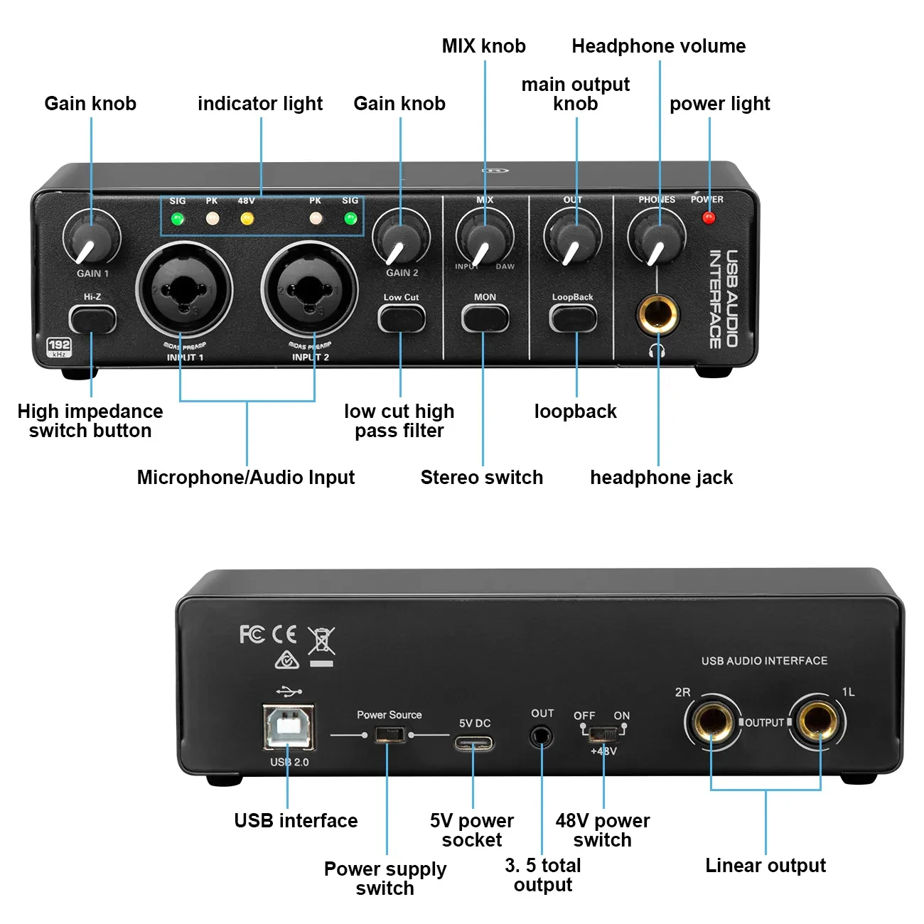 Audio Interface Sound Card With Monitor Mixing Console Studio Recording Microphone 48V Phantom Power Sound Mixer enlarge