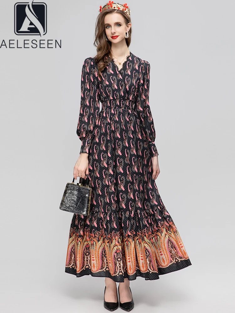 

Женское винтажное платье AELESEEN, черное платье с длинным рукавом, v-образным вырезом и цветочным принтом на талии, эластичное кружевное длинное вечерние в стиле ретро