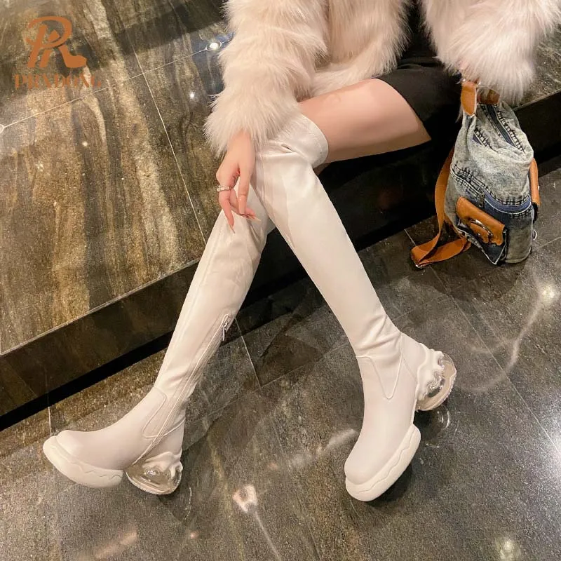 Женские высокие сапоги на массивном каблуке PRXDONG черные или Белые Повседневные