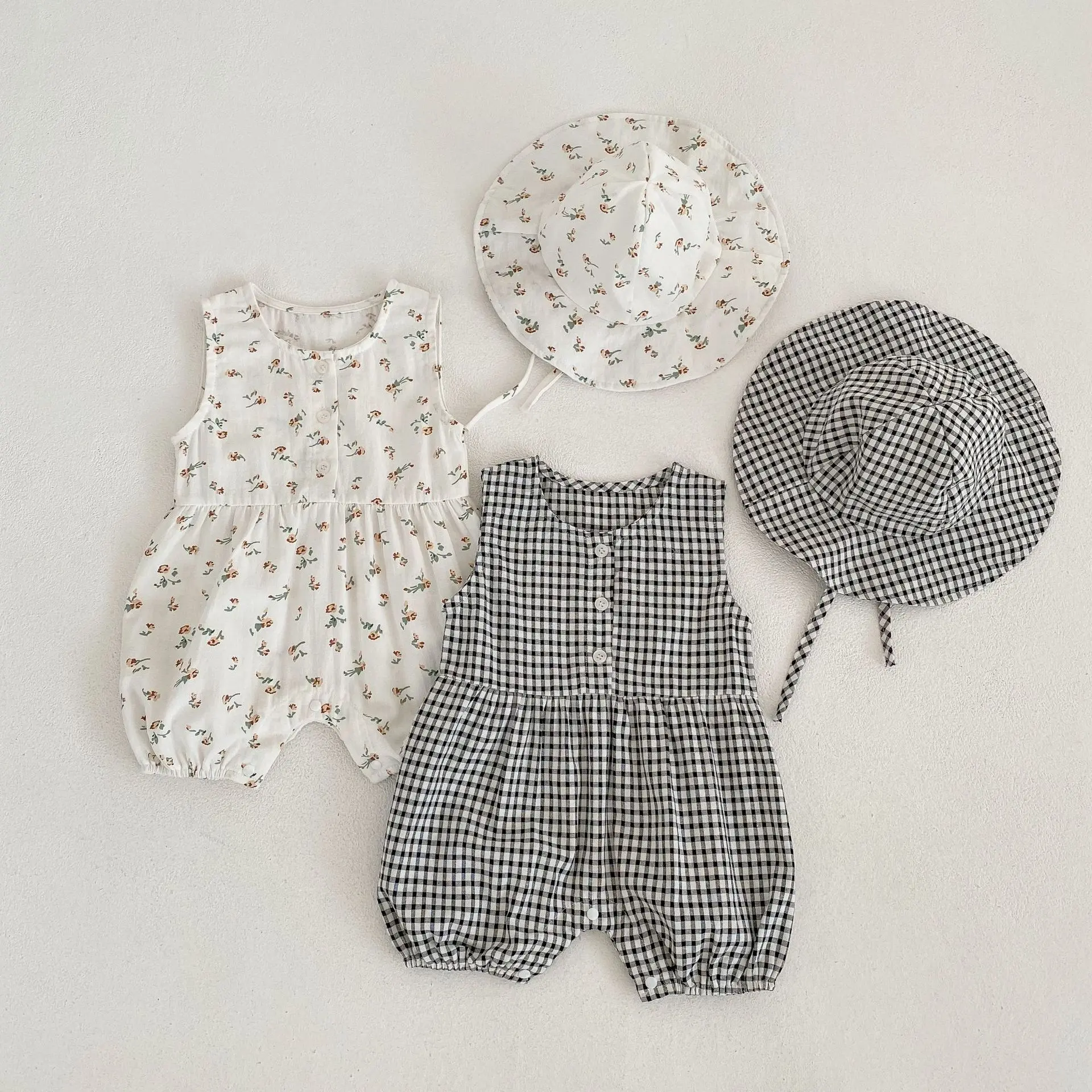 

newborn baby girls summer sleeveless plaid floral outdoor clothing cotton jumpsuits toddler infant kids romper+hat