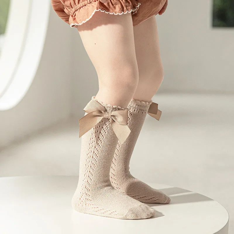 

Children Girls Royal Style Bow Knee High Fishnet Socks Baby Toddler Bow-knot In Tube Socks Kid Hollow Out Sock