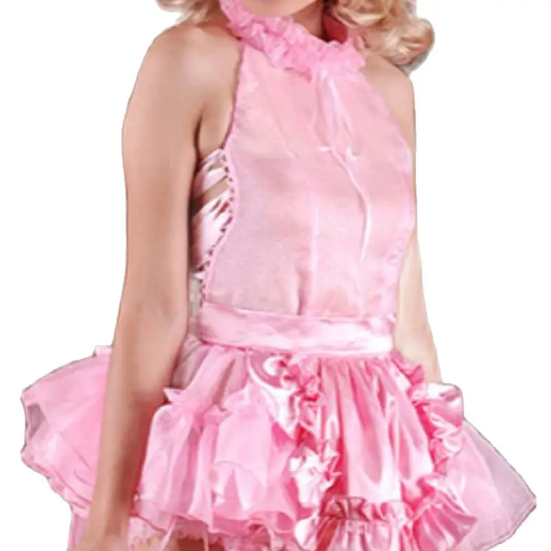Женское платье из органзы розовое с открытой спиной и круглым вырезом для