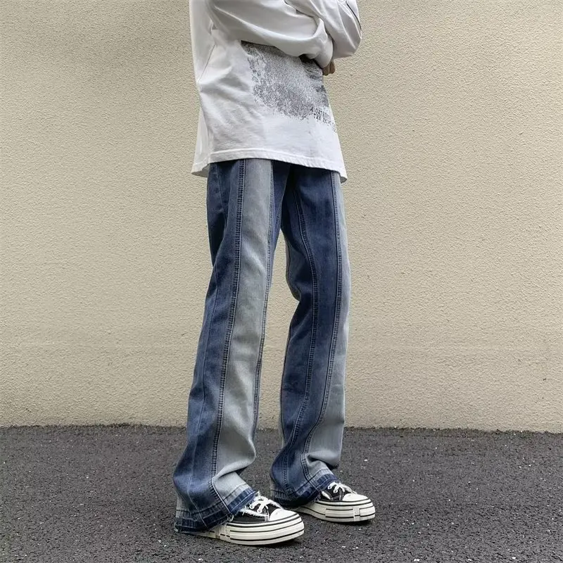 YIHANKE Four Seasons Men Loose Straight Wide Leg Ins Trend Light Color Stitching Pants Fashion Streetwear Ins Hot Selling Denim