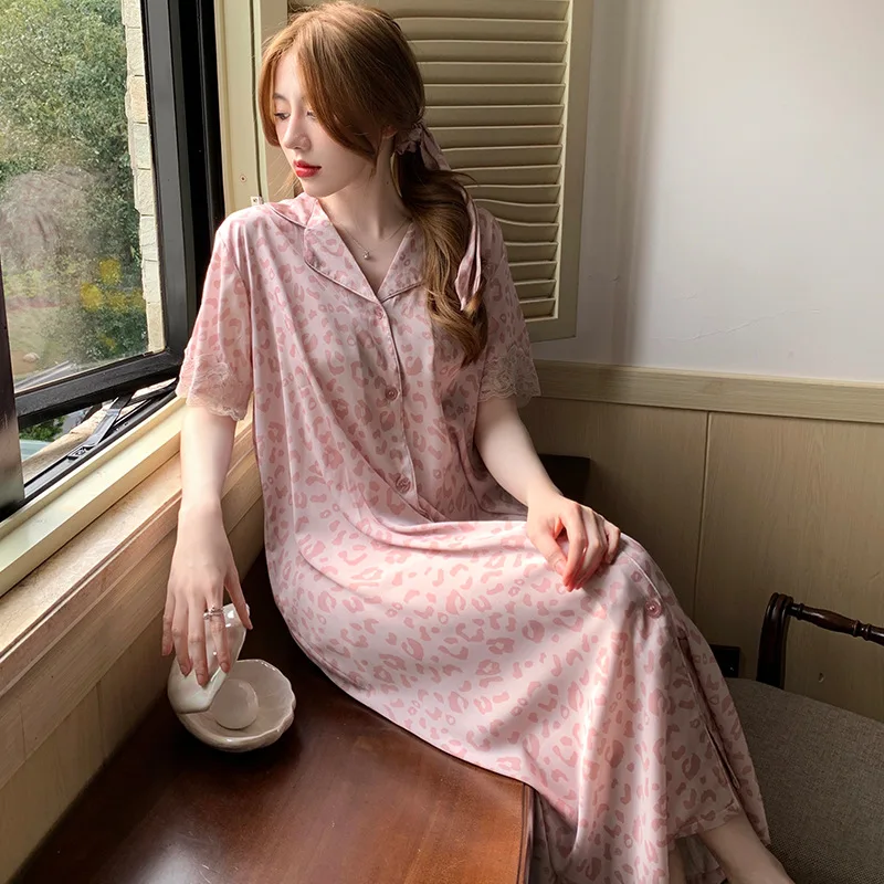 

Women's Silk Night Shirts Pink Leopard Long One-piece Shirt Dress Button Front Long Nightgown Woman Home Clothes DropShipping