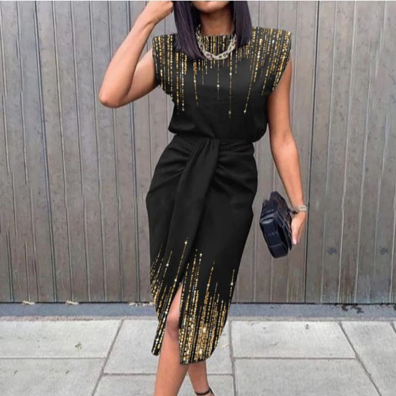 

Gold Print Ladies Casual Dress Fashion O Neck Sleeveless Commute Party Dress Women Lady Elegant Slit Draped Office Dress