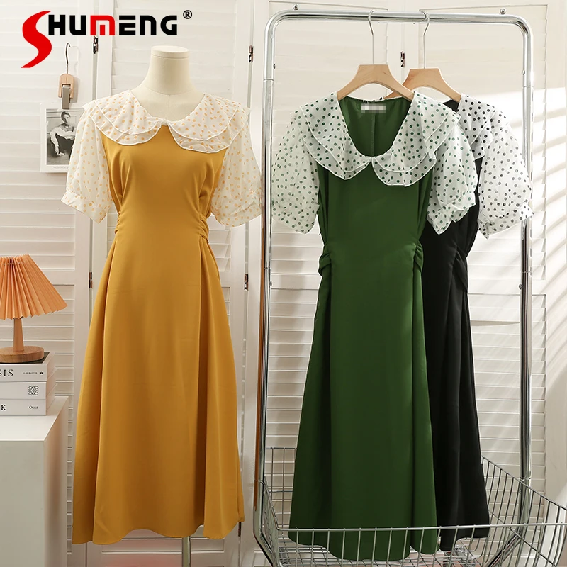 

Polka Dot Peter Pan Collar Short Sleeve Dress Feminino 2022 New Color Contrast Patchwork Bandage High Waist Swing Dress Vestido