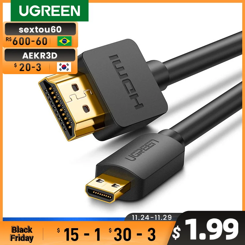 Ugreen Micro HDMI 4K/60Hz 3D Effect Micro Mini HDMI to HDMI Cable Male to Male For GoPro Sony Projector 1m 1.5m 2m 3m Mini HDMI