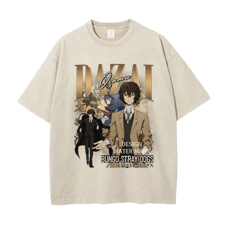 Фото Футболка с аниме Bungo Stray Dogs, винтажная мытая футболка Chuuya Atsushi Dazai Osamu, уличная одежда, топы в стиле манга, футболка для мужчин и девочек, 100% хлопок №2