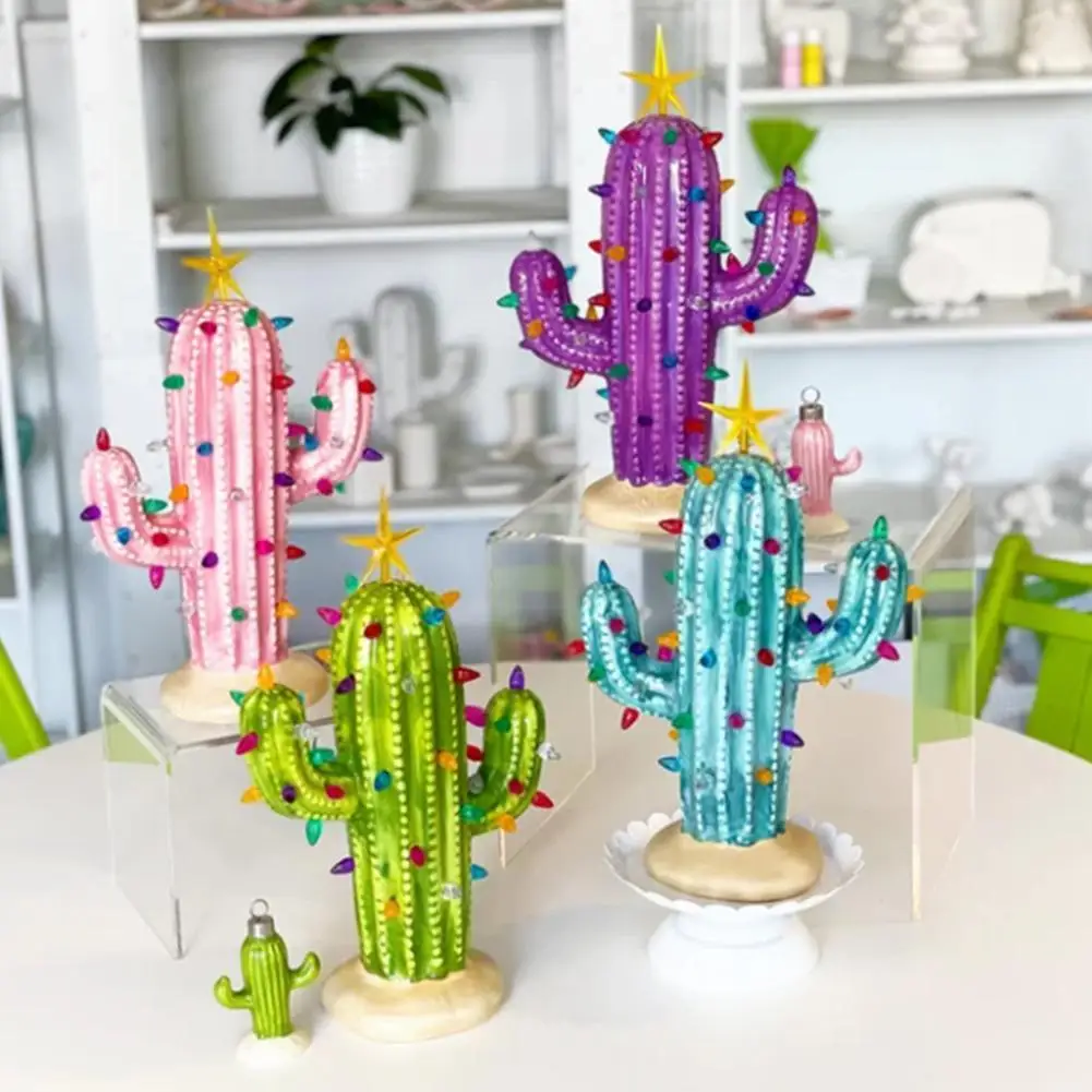 

Vintage Ceramic Christmas Cactus with Light Christmas Decoration Desktop Home Decor Gift Resin Ornaments Living Room Statue